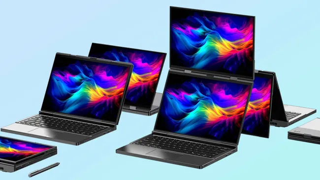 A unique new laptop from GPD features two 13-inch OLED panels stacked.